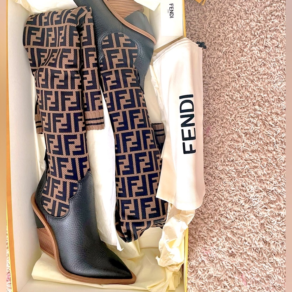 38 Fendi FF Cowboy Over the Knee Sock Boots